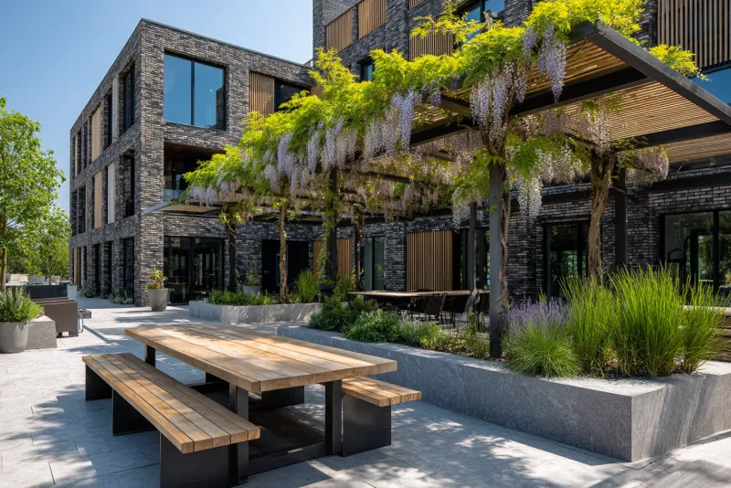 Kantoortuin met blauweregen over een pergola, granieten plantenbakken met siergrassen en picknicktafels op het terras