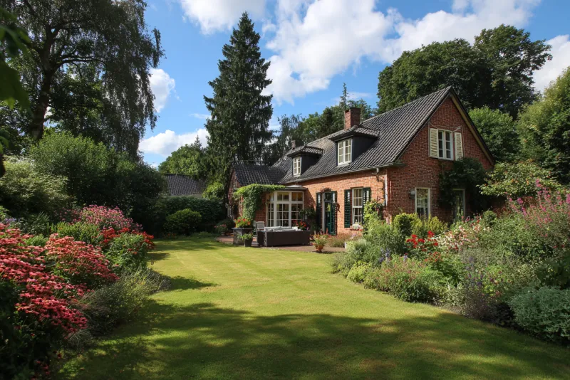 Verzorgde tuin met strak gemaaid gazon, bloeiende borders en een terras aan de woning